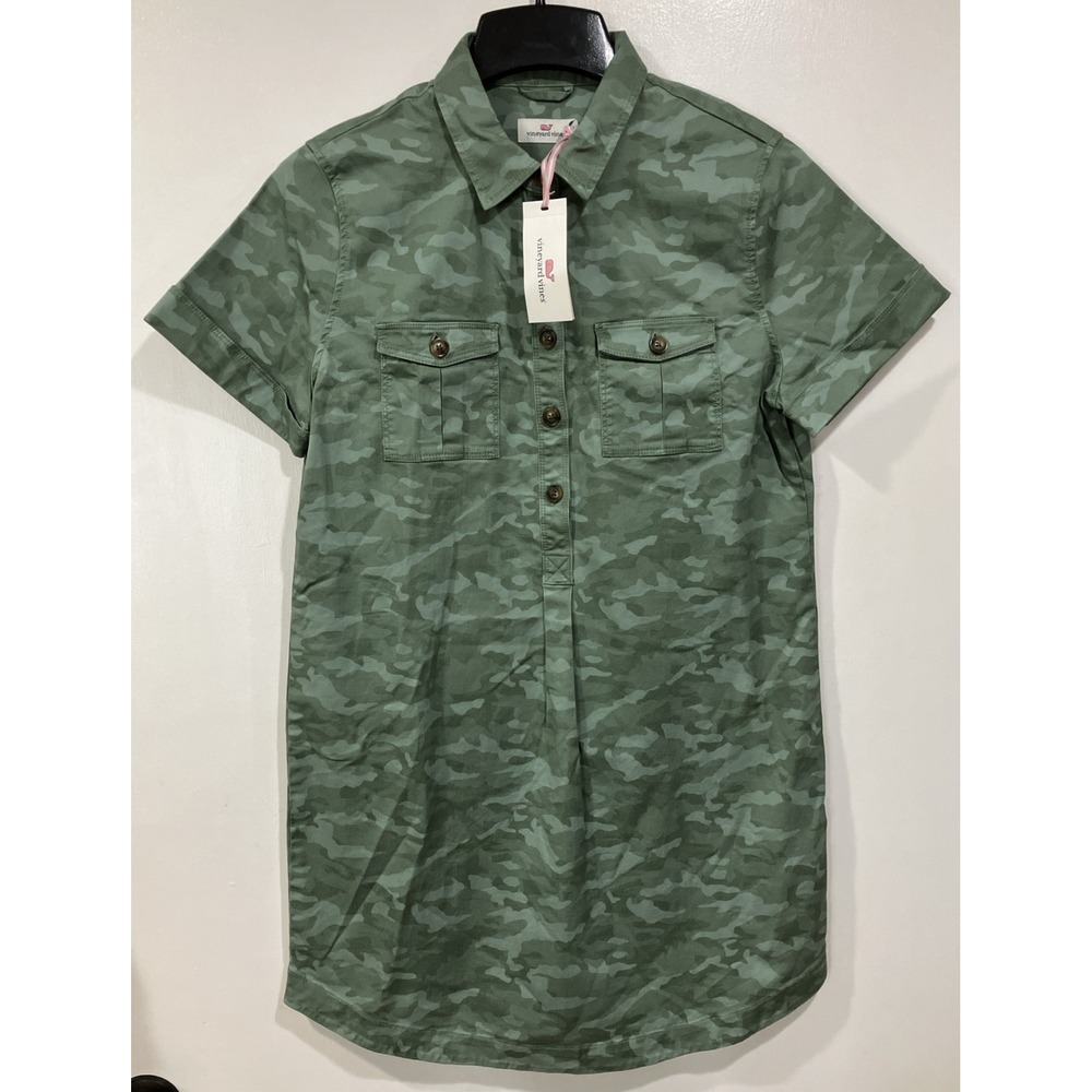 NEW! Vineyard Vines Shirt Dress Size 6 Green Camo Cotton Stretch Preppy Beach